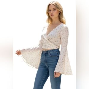 Flare Sleeves Wrap Blouse Floral Cream And Pink Boho Cottagecore Fairy Small